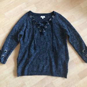 Lace up black knit sweater